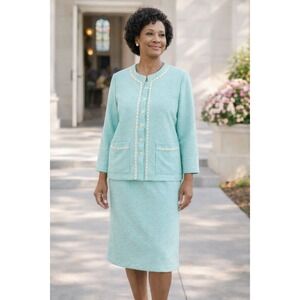 Blair Boutique Vtg Skirt Suit Aqua Blue Textured Knit Lace Trim Women 12P Church